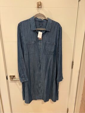 J. Jill Chambray Button-Front Long Sleeve Shirt Dress in Indigo